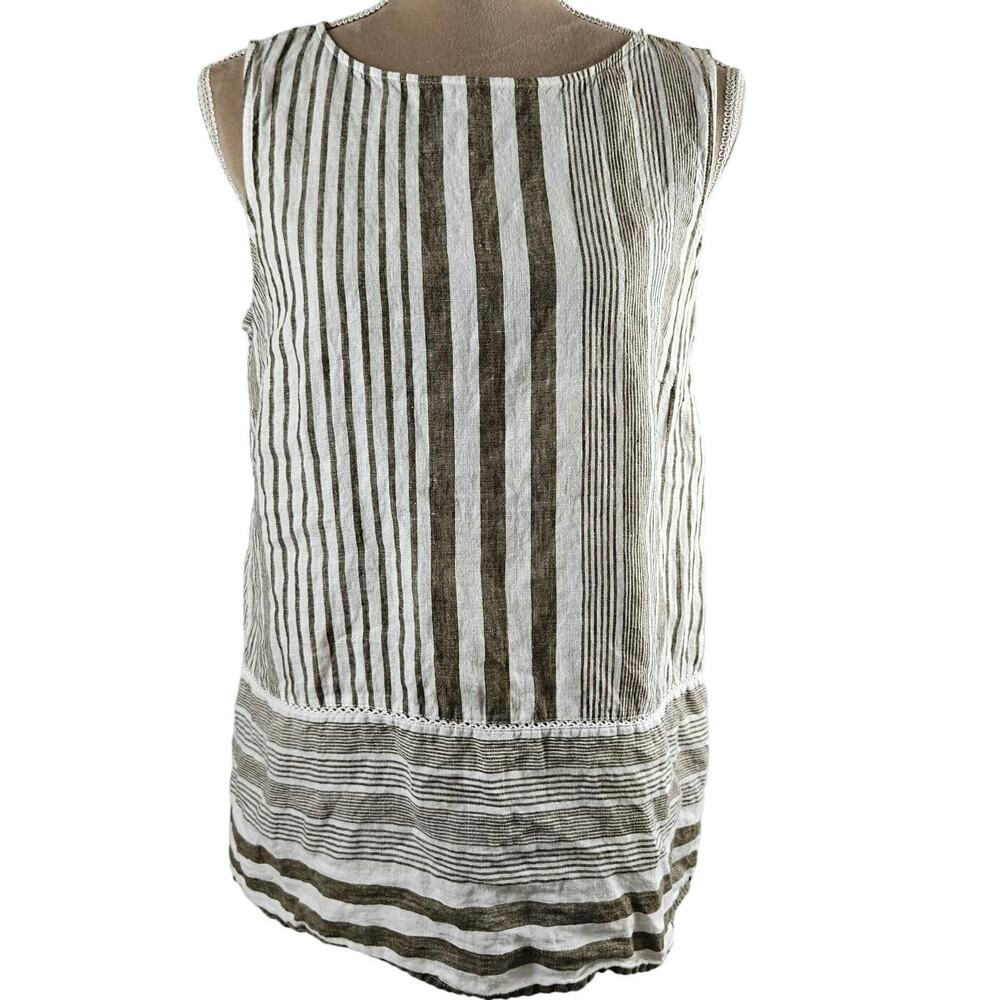 J.Jill Love Linen Small Top Brown‎ White Sleeveless Lagenlook Summer 100% Linen